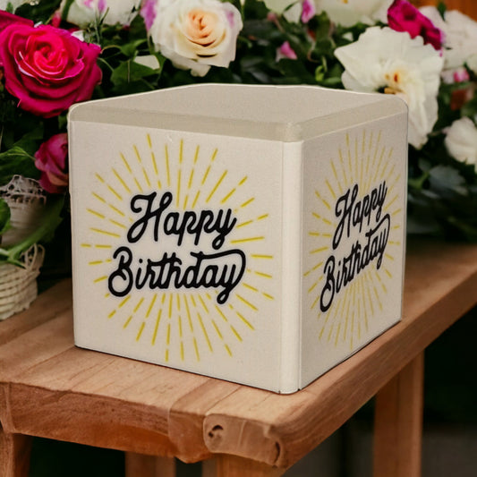 Design Cube "Happy Birthday " - leuchtender Happy Birthday Würfel mit LED Teelicht